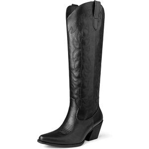 Women Black Wide Calf Rhinestones Pointed Toe Chunky Heel Embroidered Boots